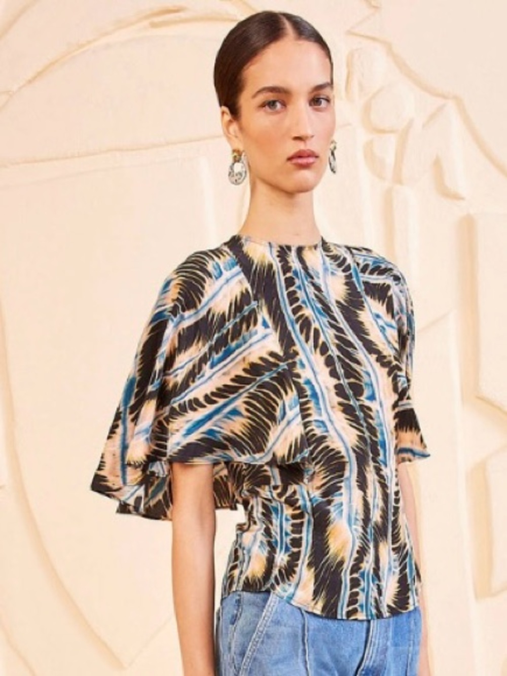NWT Ulla Johnson Ada Top Silk Blouse River Shibori Wave Flutter Sleeve Size 10